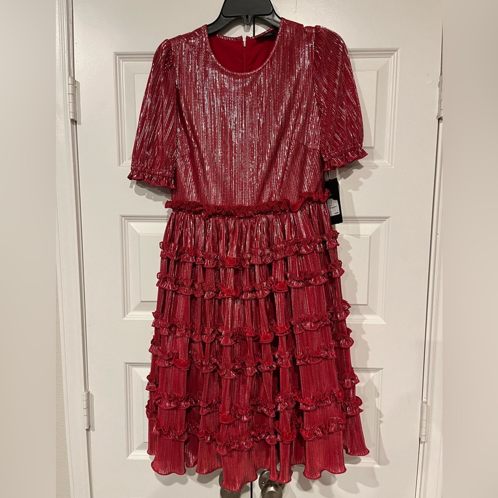 Halogen X Atlantic Pacific Red Silver Shimmer Ruffle Tiered Dress Sz XS NWT $149